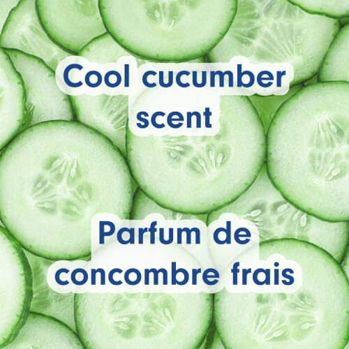 A fresh visual of sliced green cucumbers representing the crisp scent profile. Text in English and French: Cool cucumber scent, Parfum de concombre frais.