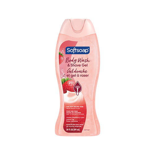 Softsoap 2 in 1 Moisturizing Body Wash and Shave Gel, Creamy Strawberry scent. 20 fluid ounce (591 milliliter) bottle with English and French labeling.