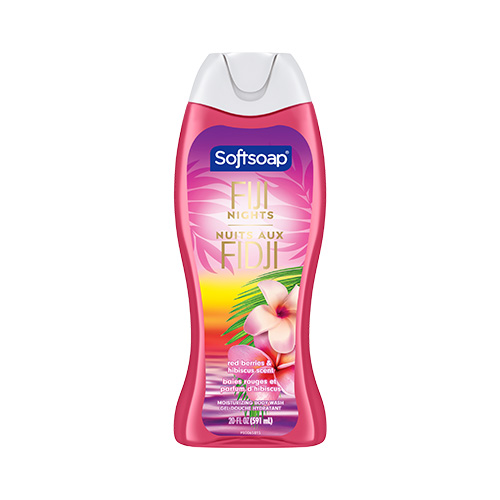 A high-resolution front view of the Softsoap Fiji Nights Moisturizing Body Wash bottle. The label features a tropical sunset design with palm leaves and pink hibiscus flowers, identifying the scent as "red berries & hibiscus."