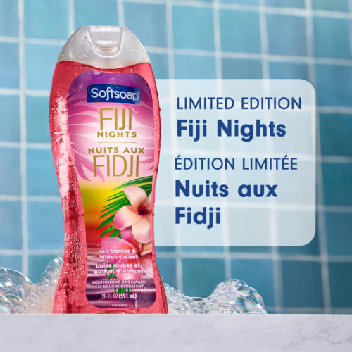 A 20-ounce bottle of Softsoap Fiji Nights Moisturizing Body Wash featured against a blue tiled background with soap bubbles. Large text to the right states "Limited Edition Fiji Nights" and the French translation "Édition Limitée Nuits aux Fidji."