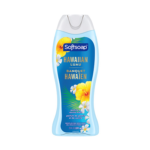 Softsoap Hawaiian Luau Moisturizing Body Wash and Shave Gel, Jasmine and Vanilla scent. 20 fluid ounce (591 milliliter) bottle with English and French labeling.