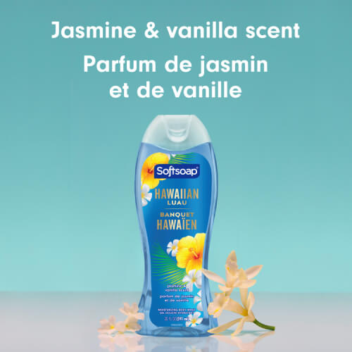 Softsoap Jasmine and Vanilla Body Wash and Shave Gel bottle in a blue bathroom setting. Text in English and French: Body Wash & Shave Gel, Gel douche et gel à raser.