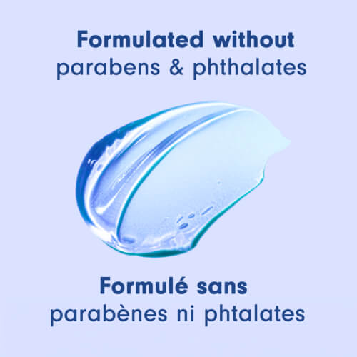 A person smiling in a blue-tiled shower, washing their shoulder with a rich lather. Text in English and French: Moisturizing body wash, pH balanced; Gel douche hydratant, pH équilibré.