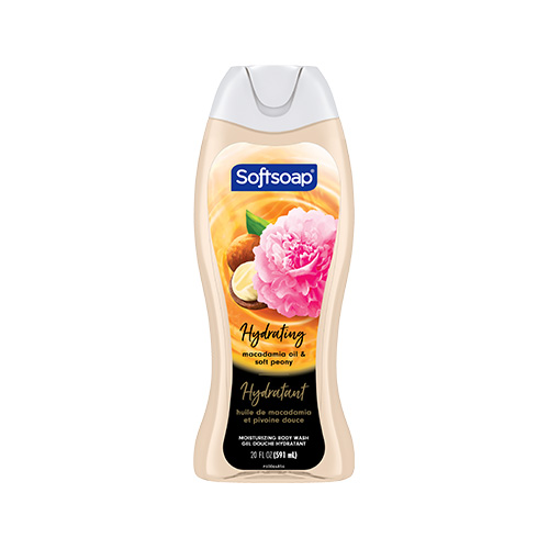 Softsoap Moisturizing Body Wash, Luminous Oils Macadamia Oil & Soft Peony, 591 mL bottle. The label features a pink peony and macadamia nuts.
