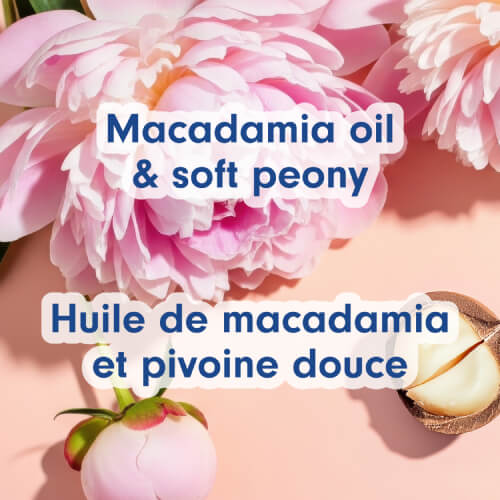 A close-up of a pink peony flower and macadamia nuts. Text reads "Macadamia oil & soft peony" and "Huile de macadamia et pivoine douce."