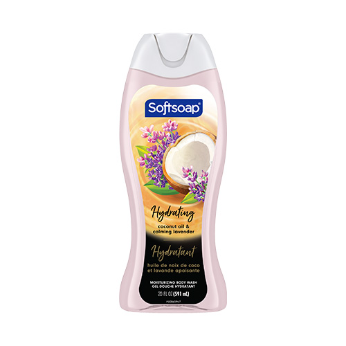 Front view of a 20 fl oz (591 mL) bottle of Softsoap Hydrating body wash with Coconut Oil and Calming Lavender. The label includes the French translation: Hydratant huile de noix de coco et lavande apaisante.