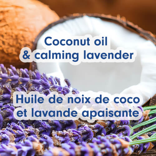 Close-up of fresh lavender and a sliced coconut. Text in English and French reads: Coconut oil & calming lavender. Huile de noix de coco et lavande apaisante.