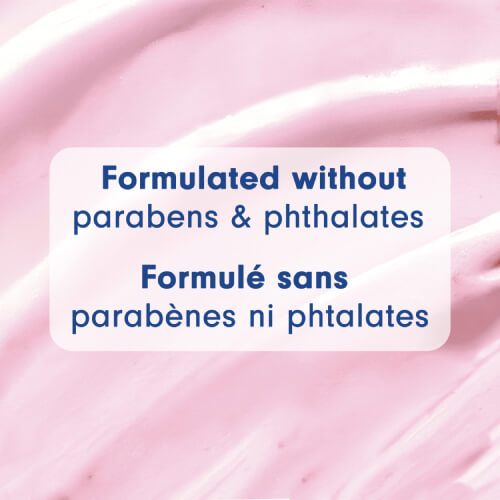 Close-up texture of creamy pink body wash. Text in English and French reads: Formulated without parabens & phthalates. Formulé sans parabènes ni phtalates.