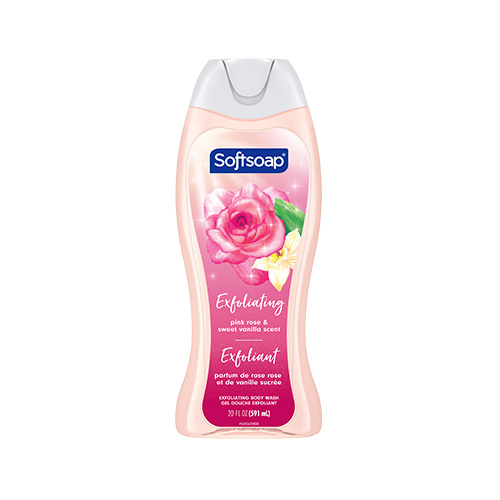 A 20-ounce bottle of Softsoap Exfoliating Pink Rose & Sweet Vanilla Body Wash. The label features a large, blooming pink rose and a white vanilla flower with a green leaf, set against a sparkling pink background.
