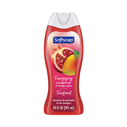 Front view of a 20-fluid-ounce bottle of Softsoap "Pomegranate and Mango Spritz" moisturizing body wash. The label features juicy pomegranate seeds and a sliced ​​mango, accompanied by green leaves.
