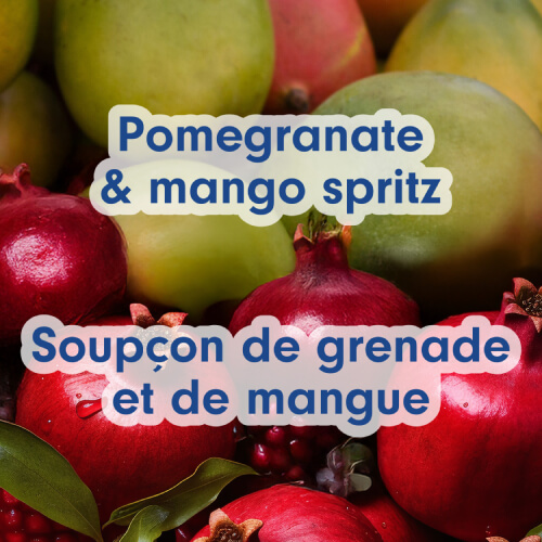 Close-up in the background of fresh pomegranate seeds and a sliced ​​mango. Text in English and French: Pomegranate and Mango Scent.