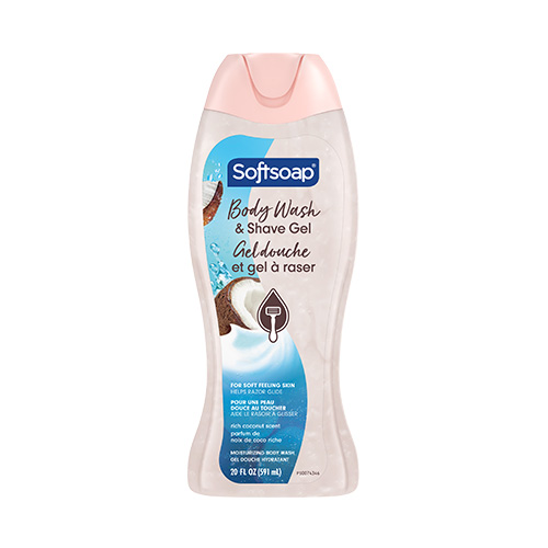 Softsoap 2 in 1 Moisturizing Body Wash and Shave Gel, Rich Coconut scent. 20 fluid ounce (591 milliliter) bottle with English and French labeling.