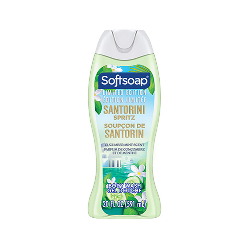 Front view of a 20-fluid-ounce bottle of Softsoap Santorini Spritz moisturizing body wash. The label depicts a Mediterranean coastal village with buildings topped by blue domes, as well as blueberries and bergamot citrus fruits.