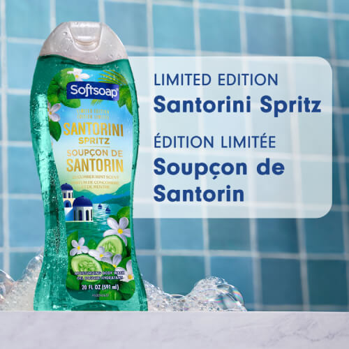 A bottle of Softsoap Santorini Spritz in a blue-tiled shower, with bubbles. The text, in English and French, reads: Limited Edition.
