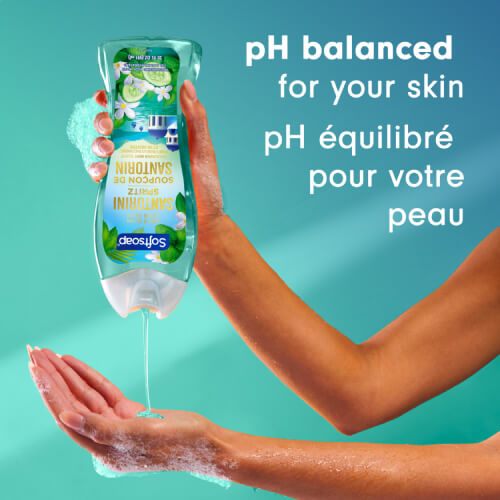 A person pours clear turquoise shower gel from a bottle into their hand. The background is solid turquoise. The text on the right reads: "pH-balanced for your skin."