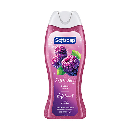 Front view of a 20 fluid ounce (591 mL) bottle of Softsoap Exfoliating Body Wash, Blackberry Sugar scent. The translucent purple bottle shows exfoliating beads. Label includes English and French text: "Exfoliating blackberry sugar" and "Exfoliant sucre de mûre."