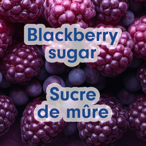 Close-up photographic background of ripe blackberries. Text overlay reads "Blackberry sugar" and "Sucre de mûre."