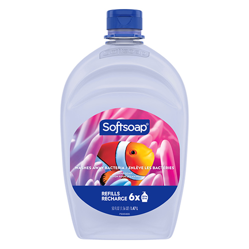 Softsoap Aquarium liquid hand soap with clownfish graphic in a 7.5 fluid ounce pump bottle, refill