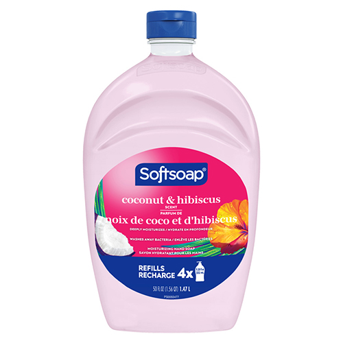Softsoap coconut and hibiscus scent moisturizing liquid hand soap in an 11.25 fluid ounce pump bottle, refill