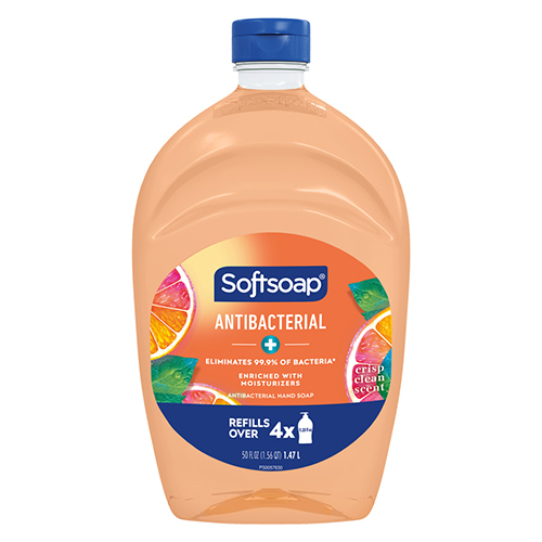Softsoap Antibacterial crisp clean scent liquid hand soap with moisturizers in an 11.25 fluid ounce pump bottle, refill