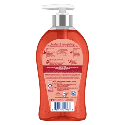 Softsoap Energized liquid hand soap with AromaLift Technology, raspberry and mandarin scent, in an 11.25 fluid ounce pump bottle, back