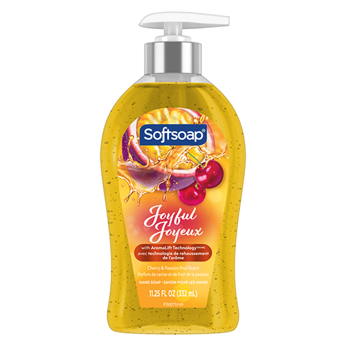 Softsoap Joyful liquid hand soap with AromaLift Technology, cherry and passion fruit scent, in an 11.25 fluid ounce pump bottle