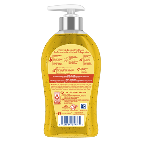 Softsoap Joyful liquid hand soap with AromaLift Technology, cherry and passion fruit scent, in an 11.25 fluid ounce pump bottle, back