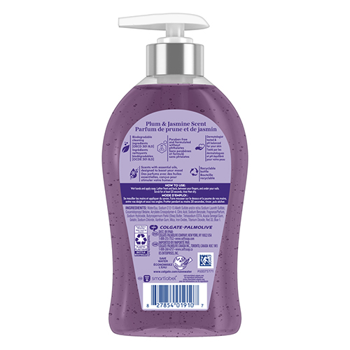 Softsoap Renewed liquid hand soap with AromaLift Technology, plum and jasmine scent, in an 11.25 fluid ounce pump bottle, back
