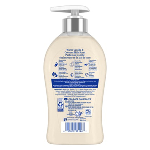 Softsoap moisturizing liquid hand soap with warm vanilla and coconut milk scent in a 11.25 fluid ounce pump bottle, back