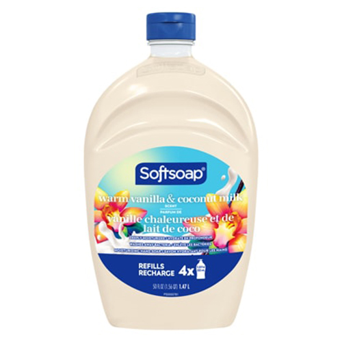 Softsoap moisturizing liquid hand soap with warm vanilla and coconut milk scent in a 11.25 fluid ounce pump bottle, refill