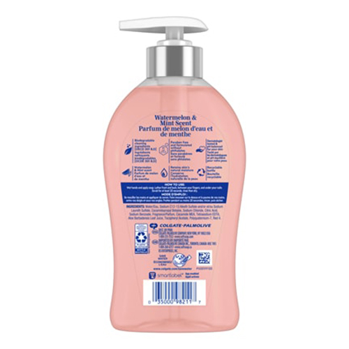 Softsoap moisturizing liquid soap with watermelon and mint scent in a 332 ml bottle with a dispenser., back
